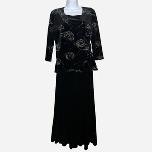 Choices Black Velvet 2 Piece Top Skirt Set Dress Small Rhinestones Embroidered